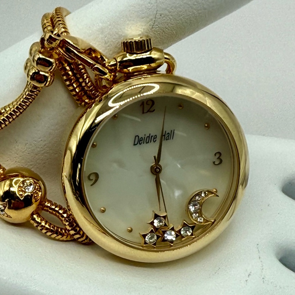 Deidre Hall Pocket Watch Necklace Crystal Accent Moon & Stars Charms MOP Face - Picture 10 of 17
